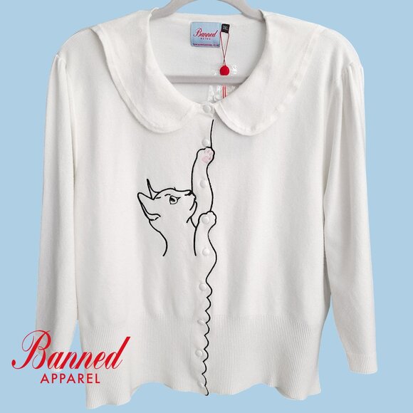 BANNED RETRO ~ Cat Scallop Collar Cardi ~ NEW! Size 3XL [UK] - 16 [US] - Picture 1 of 11